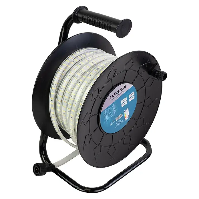 Luxula LED-Band LX700112 - Länge: 320 m, Lichtfarbe: Neutralweiß - Weißer LED-Streifen auf einer schwarzen Kabeltrommel mit Ständer und Griff.
