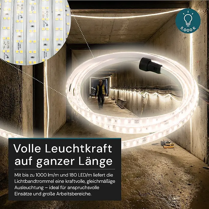 Luxula LED-Band LX700112 - Länge: 320 m, Lichtfarbe: Neutralweiß - Helles LED-Lichtband beleuchtet einen dunklen Tunnel oder eine Baustelle. Es zeigt eine gleichmäßige, kraftvolle Ausleuchtung für Arbeitsbereiche.