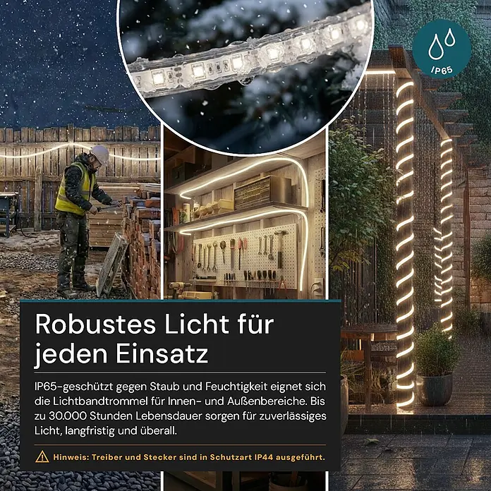 Luxula LED-Band LX700110 - Länge: 320 m, Lichtfarbe: Neutralweiß - Vielseitiges LED-Lichtband für Innen- und Außenbereiche, dargestellt auf Baustelle, Werkstatt und Terrasse. IP65-geschützt.
