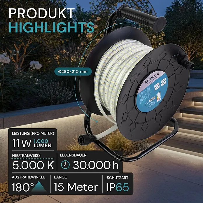 Luxula LED-Band LX700110 - Länge: 320 m, Lichtfarbe: Neutralweiß - LED-Lichtband auf schwarzer Rolle mit Ständer, präsentiert in einem Gartenambiente mit Produktmerkmalen.