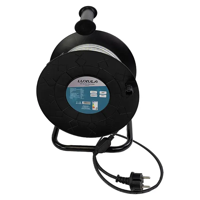 Luxula LED-Band LX700110 - Länge: 320 m, Lichtfarbe: Neutralweiß - Schwarze Kabeltrommel mit einem aufgewickelten LED-Lichtband, inklusive europäischem Netzstecker.