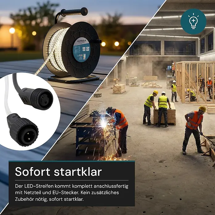 Luxula LED-Band LX700110 - Länge: 320 m, Lichtfarbe: Neutralweiß - LED-Lichtband auf Rolle mit Steckern. Sofort einsatzbereit, wie auf einer Baustelle gezeigt.