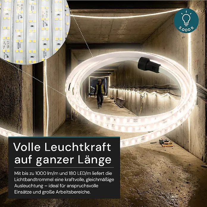 Luxula LED-Band LX700110 - Länge: 320 m, Lichtfarbe: Neutralweiß - Helles, flexibles LED-Lichtband beleuchtet einen Beton-Arbeitstunnel; sichtbare 220V-LEDs und Arbeiter im Hintergrund.