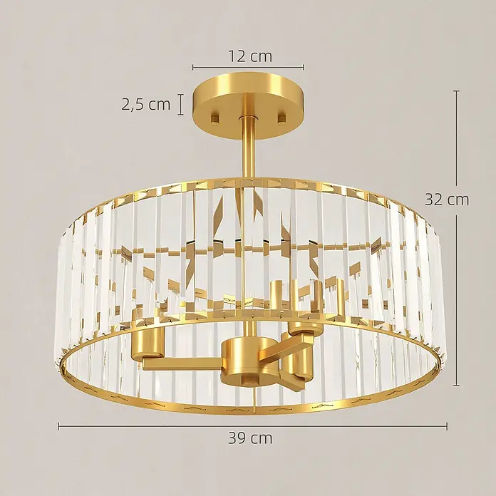 Homcom Deckenleuchte rund - 40 W, Ø x H: 39 x 32 cm, Gold, Transparent, E14 - Runde goldene Deckenleuchte mit klaren Kristallstäben. Durchmesser 39 cm, Höhe 32 cm.