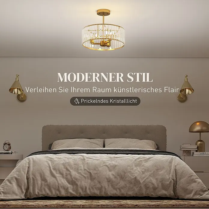 Homcom Deckenleuchte rund - 40 W, Ø x H: 39 x 32 cm, Gold, Transparent, E14 - Goldene und kristallene Deckenleuchte beleuchtet ein modernes Schlafzimmer.
