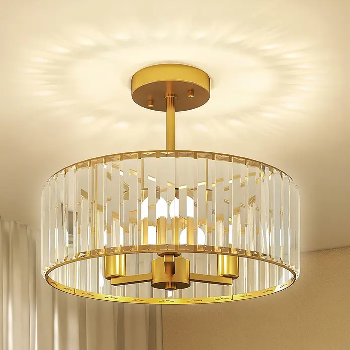 Homcom Deckenleuchte rund - 40 W, Ø x H: 39 x 32 cm, Gold, Transparent, E14 - Goldene Deckenleuchte mit klaren Kristallstäben, die dekorative Lichtmuster an die Decke wirft.