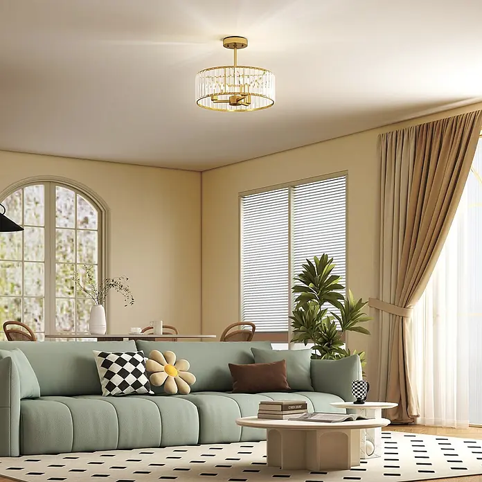Homcom Deckenleuchte rund - 40 W, Ø x H: 39 x 32 cm, Gold, Transparent, E14 - Goldfarbene Deckenleuchte mit zylindrischem Schirm aus klarem Kristall, spendet Licht in einem modernen Wohnzimmer.