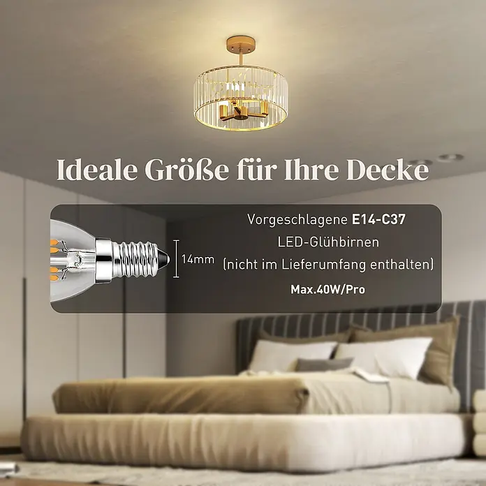 Homcom Deckenleuchte rund - 40 W, Ø x H: 39 x 32 cm, Gold, Transparent, E14 - Goldene Deckenleuchte mit Kristallschirm im Schlafzimmer. Overlay beschreibt E14 LED-Glühbirnen (nicht inkl.), max. 40W.