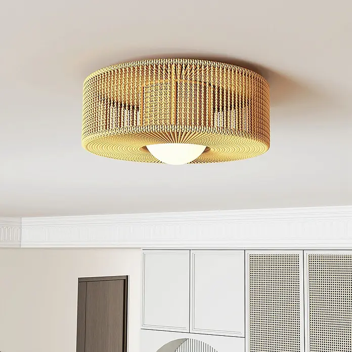 Homcom Deckenleuchte rund - 20 W, Ø x H: 30 x 16 cm, Beige, Beige, G9 - Runde Deckenleuchte aus geflochtenem Naturrattan mit zentralem Diffusor, bündig montiert.