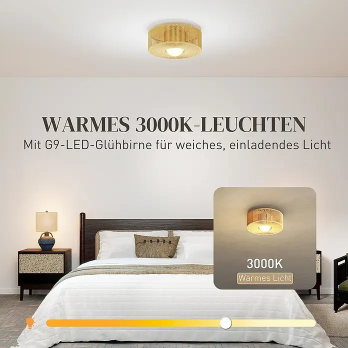 Homcom Deckenleuchte rund - 20 W, Ø x H: 30 x 16 cm, Beige, Beige, G9 - Runde geflochtene Deckenleuchte spendet warmes 3000K Licht, gezeigt in einem gemütlichen Schlafzimmer.