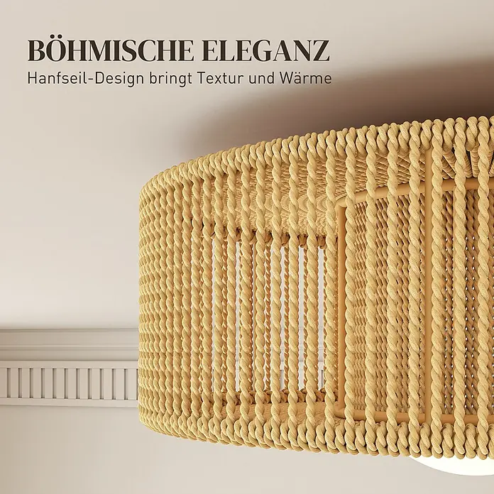 Homcom Deckenleuchte rund - 20 W, Ø x H: 30 x 16 cm, Beige, Beige, G9 - Geflochtener Hanfseil-Lampenschirm im Bohème-Stil mit warmer, strukturierter Optik.