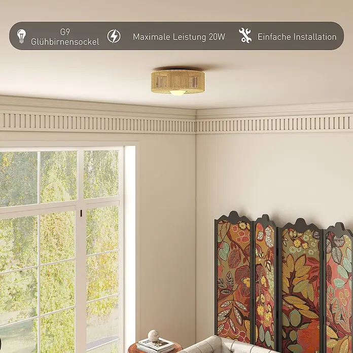 Homcom Deckenleuchte rund - 20 W, Ø x H: 30 x 16 cm, Beige, Beige, G9 - Runde Deckenleuchte aus geflochtenem Rattan mit G9-Sockel (max. 20W), an einer Zimmerdecke installiert.