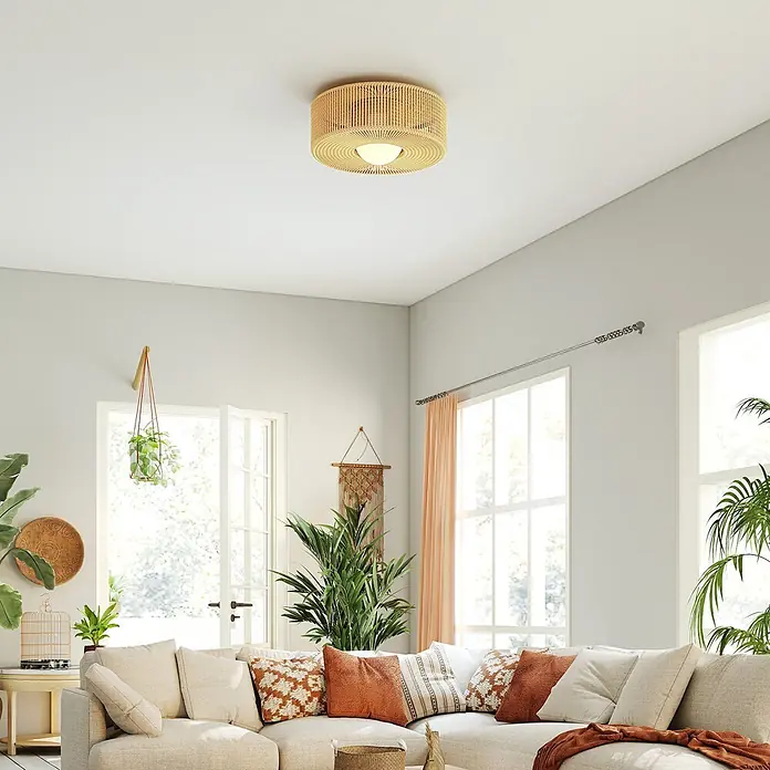 Homcom Deckenleuchte rund - 20 W, Ø x H: 30 x 16 cm, Beige, Beige, G9 - Geflochtene Rattan-Deckenleuchte spendet Licht in einem Wohnzimmer. Ihre natürliche Textur verleiht Wärme.