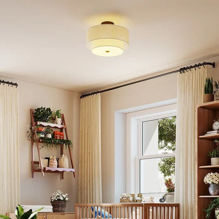 Homcom Deckenleuchte rund - 40 W, Ø x H: 40 x 26 cm, Cremeweiß, Cremeweiß, E14 - Deckenleuchte aus cremefarbenem/beigem Stoff, an der Decke montiert, beleuchtet einen gemütlichen Raum.