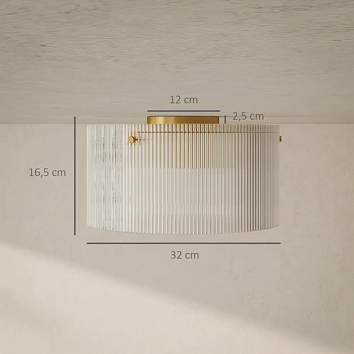 Homcom Deckenleuchte rund - 40 W, Ø x H: 32 x 16,5 cm, Transparent, Transparent, E27 - Runde Deckenleuchte mit Goldfuß und gerilltem Glasschirm, 32 cm Durchmesser, 16,5 cm Höhe.