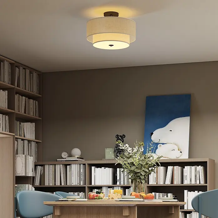 Homcom Deckenleuchte rund - 40 W, Ø x H: 40 x 26 cm, Cremeweiß, Cremeweiß, E14 - Zweistufige beige Stoff-Deckenleuchte mit Trommelschirm, spendet warmes Licht.