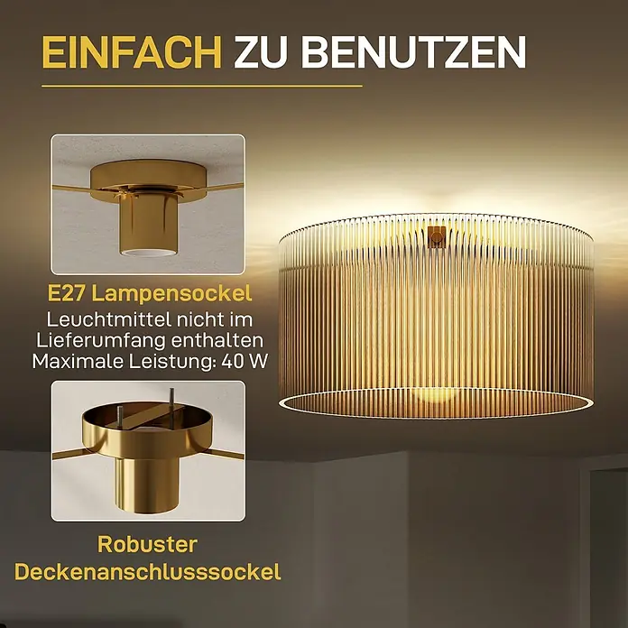 Homcom Deckenleuchte rund - 40 W, Ø x H: 32 x 16,5 cm, Transparent, Transparent, E27 - Goldfarbene Deckenleuchte mit geripptem Glasschirm. Zeigt E27-Fassung und robusten Deckenanschluss.