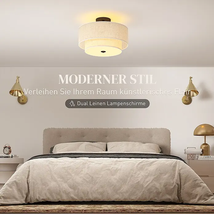 Homcom Deckenleuchte rund - 40 W, Ø x H: 40 x 26 cm, Cremeweiß, Cremeweiß, E14 - Deckenleuchte mit zwei Leinen-Lampenschirmen in einem modernen Schlafzimmer.