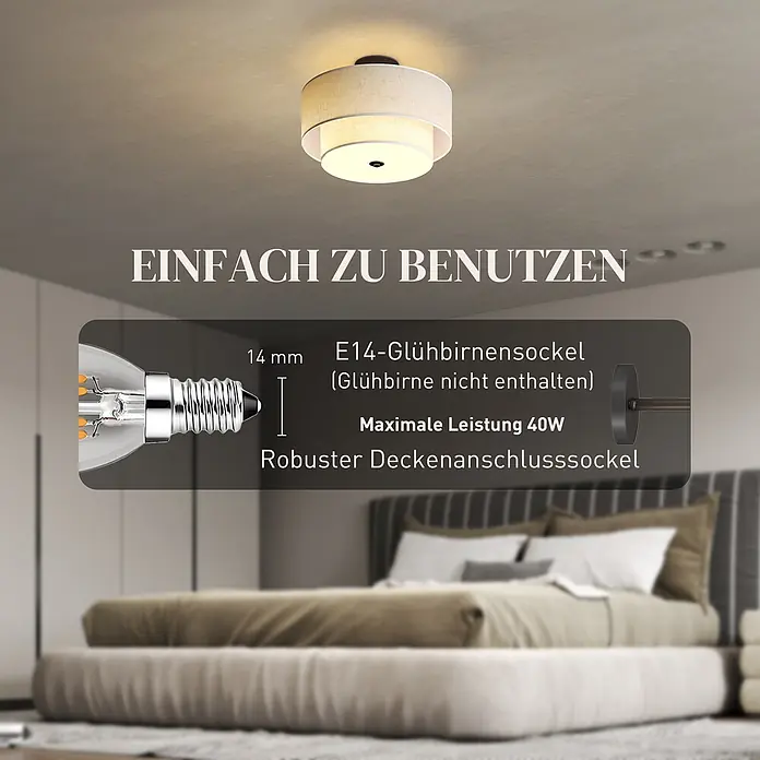 Homcom Deckenleuchte rund - 40 W, Ø x H: 40 x 26 cm, Cremeweiß, Cremeweiß, E14 - Deckenleuchte mit beigem Stoffschirm in einem Schlafzimmer. E14-Fassung, maximale Leistung 40W.