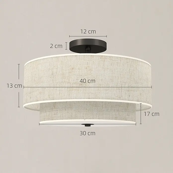 Homcom Deckenleuchte rund - 40 W, Ø x H: 40 x 26 cm, Cremeweiß, Cremeweiß, E14 - Runde Deckenleuchte mit zwei beigefarbenen Stofftrommelschirmen (Ø40 cm oben, Ø30 cm unten) und schwarzer Metallhalterung. Gesamthöhe: 32 cm.