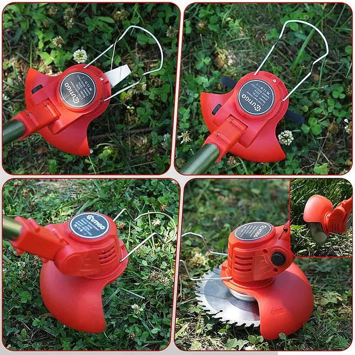 OUTIGO Akku-Rasentrimmer - 1,5 Ah, Li-Ionen, 2 Akkus, Schnittbreite Messer: 23 cm, Schnittbreite Faden: 23 cm - Roter Elektro-Rasentrimmer mit verschiedenen Schneidmessern im Gras. Er hat Kunststoffklingen und ein Metallsägeblatt für vielseitiges Trimmen.