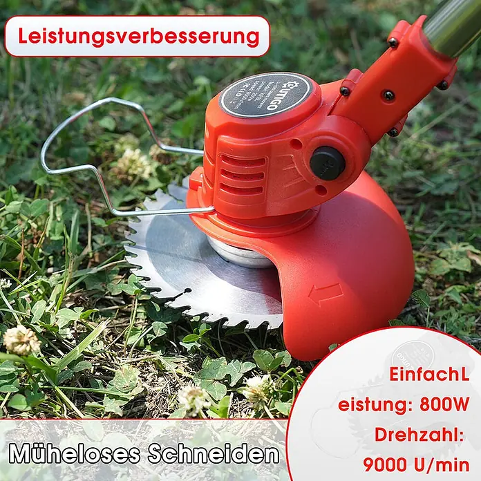 OUTIGO Akku-Rasentrimmer - 1,5 Ah, Li-Ionen, 2 Akkus, Schnittbreite Messer: 23 cm, Schnittbreite Faden: 23 cm - Roter Elektro-Freischneider mit Sägeblatt, schneidet Gras. 800W Leistung, 9000 U/min Drehzahl.