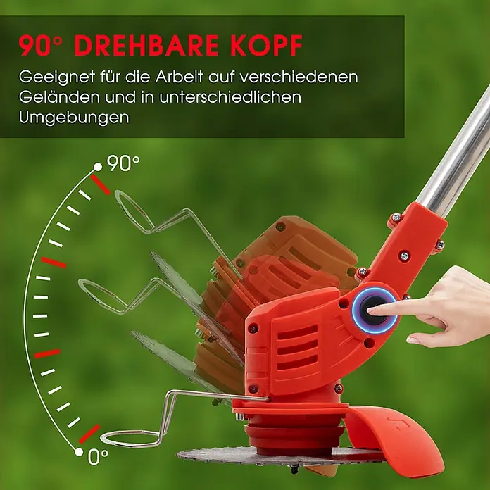 OUTIGO Akku-Rasentrimmer - 1,5 Ah, Li-Ionen, 2 Akkus, Schnittbreite Messer: 23 cm, Schnittbreite Faden: 23 cm - Roter und silberner Rasentrimmerkopf mit 90° drehbarer Funktion, eine Hand drückt den Einstellknopf.