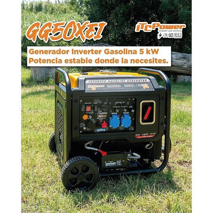 ITC Power Generador GG50XEI - Potencia nominal: 4,5 kW, Volumen del depósito: 15 l, Consumo: 1,83 l/h - Generador inverter de gasolina (GG50XEI) amarillo y negro con ruedas, expuesto al aire libre sobre césped.
