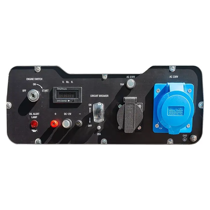 Hyundai Generador HHY7000FEK - Potencia nominal: 6,5 kW, Volumen del depósito: 25 l, Consumo: 2,8 l/h - Panel de control de generador negro con interruptor de motor, contador de horas, DC 12V, tomas AC 230V (16A, 32A) y disyuntores.