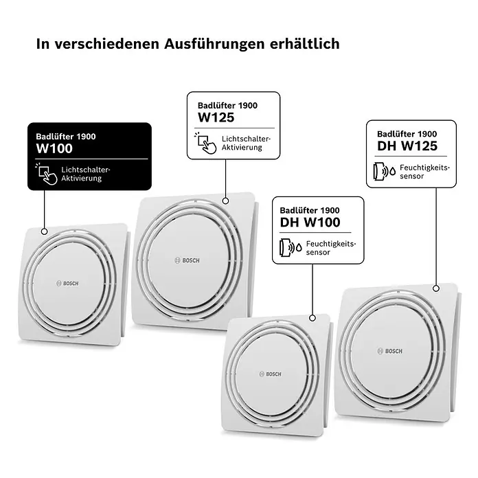 Bosch Wandventilator Fan 1900 W 100 - Weiß, Durchmesser Anschluss: 10 cm, Mit Lichtschalterfunktion - Vier weiße Bosch Badlüfter, quadratisch mit runden Gittern, Modelle mit Lichtschalter- oder Feuchtigkeitssensor-Aktivierung.