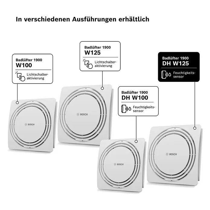 Bosch Wandventilator Fan 1900 DH W 125 - Weiß, Durchmesser Anschluss: 12,5 cm, Mit Lichtschalter + Feuchtigkeitssensor + Nachlauf - Vier weiße, quadratische Bosch Badlüfter mit runden Gittern, erhältlich mit Lichtschalter- oder Feuchtigkeitssensor-Aktivierung.