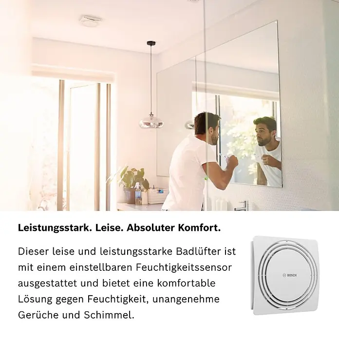Bosch Wandventilator Fan 1900 DH W 125 - Weiß, Durchmesser Anschluss: 12,5 cm, Mit Lichtschalter + Feuchtigkeitssensor + Nachlauf - Weißer Bosch Badlüfter mit quadratischem Gehäuse und runden Luftschlitzen, für effiziente Belüftung im Bad.