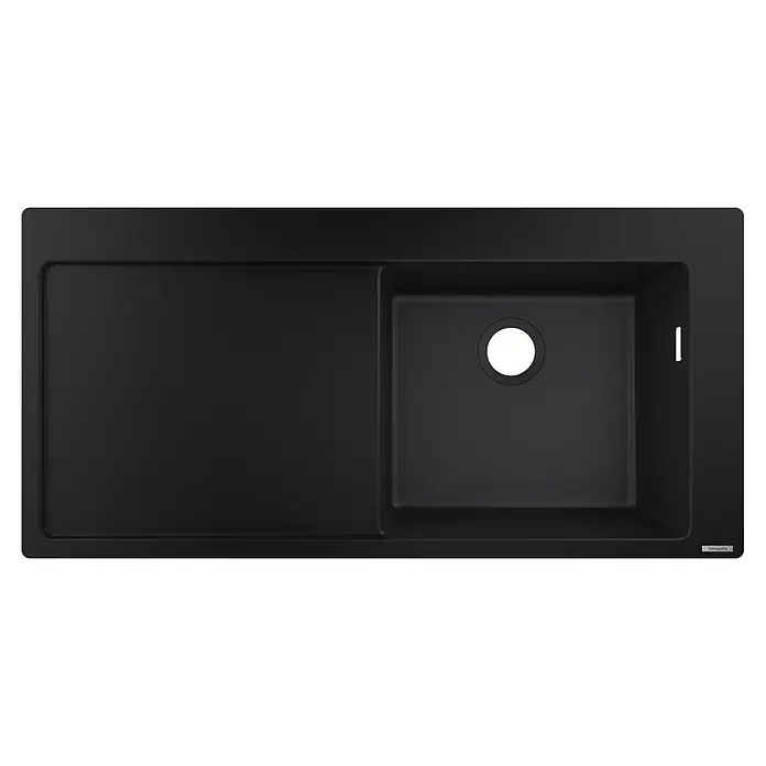 Hansgrohe Einbauspüle S51 - 105 x 51 cm, Graphiteschwarz, Position Ablage: Links - Mattschwarze Küchenspüle mit einem großen und einem kleineren Becken sowie integrierter Abtropffläche.