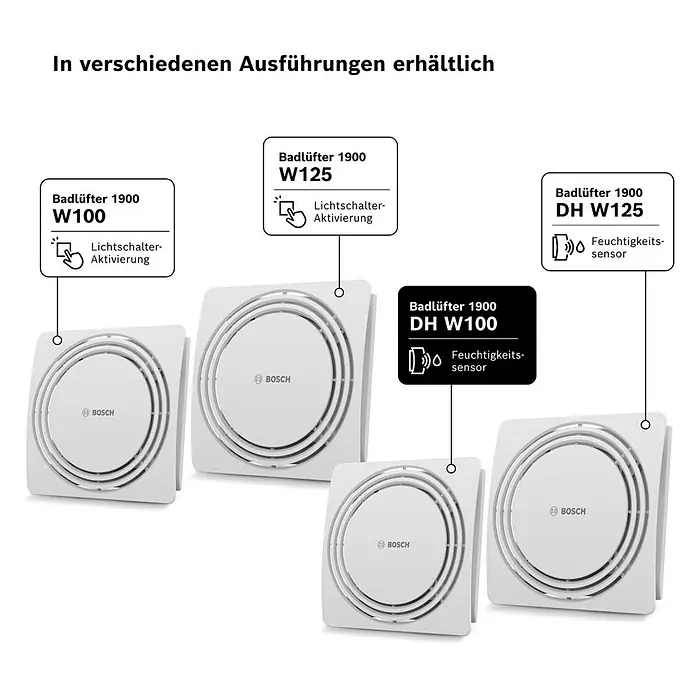 Bosch Wandventilator Fan1900 DH W 100 - Weiß, Durchmesser Anschluss: 10 cm, Mit Lichtschalter + Feuchtigkeitssensor + Nachlauf - Vier weiße quadratische Bosch Badlüfter mit runden Gittern, erhältlich in Versionen mit Lichtschalter-Aktivierung oder Feuchtigkeitssensor.