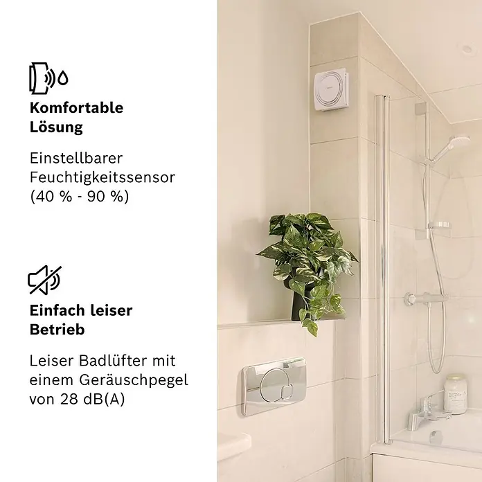 Bosch Wandventilator Fan 1900 DH W 125 - Weiß, Durchmesser Anschluss: 12,5 cm, Mit Lichtschalter + Feuchtigkeitssensor + Nachlauf - Weißer, leiser Badlüfter mit einstellbarem Feuchtigkeitssensor (40-90%) in einem Badezimmer.
