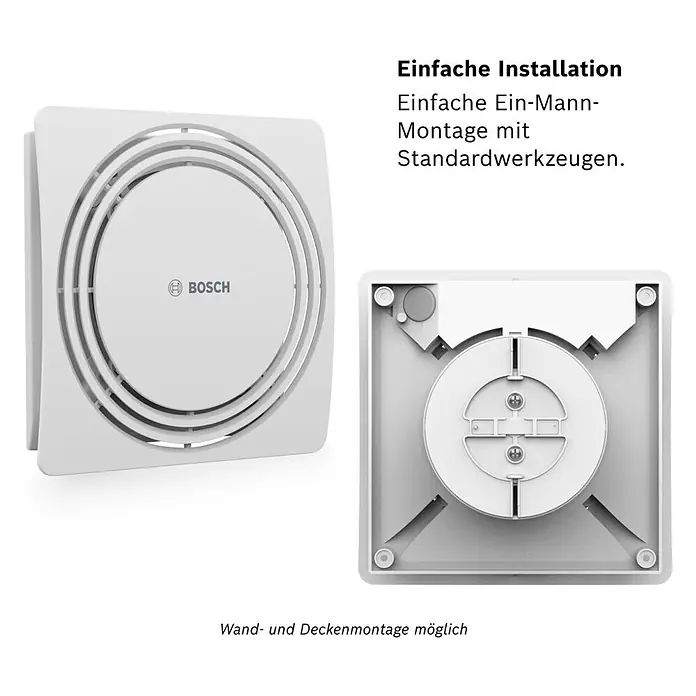Bosch Wandventilator Fan 1900 DH W 125 - Weiß, Durchmesser Anschluss: 12,5 cm, Mit Lichtschalter + Feuchtigkeitssensor + Nachlauf - Weißer quadratischer Lüfter, Vorder- und Rückansicht der Montageplatte, für Wand- und Deckenmontage.