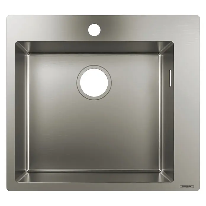 Hansgrohe Einbauspüle S711 - 50,5 x 50 cm, Edelstahl - Gebürstete Edelstahl-Küchenspüle mit integriertem Hahnloch, Abflussöffnung und Überlaufschlitz.