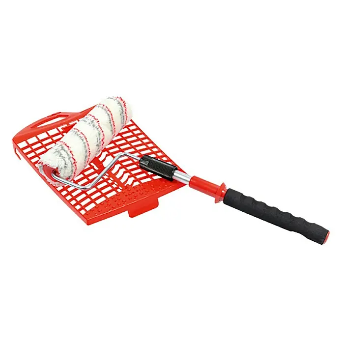 Lehnartz Farbroller Rollex Vario Plus - Breite Walze: 230 mm, Länge Teleskopstange: 400 mm - 800 mm - Ein roter Farbroller mit Griff und Abtropfgitter, ideal für präzises Streichen ohne Kleckern. Perfekt für Renovierungsarbeiten.