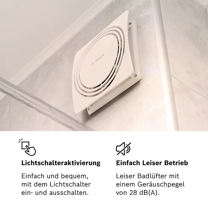 Bosch Wandventilator Fan 1900 W 100 - Weiß, Durchmesser Anschluss: 10 cm, Mit Lichtschalterfunktion - Weißer Bosch Badlüfter an einer gefliesten Wand montiert.