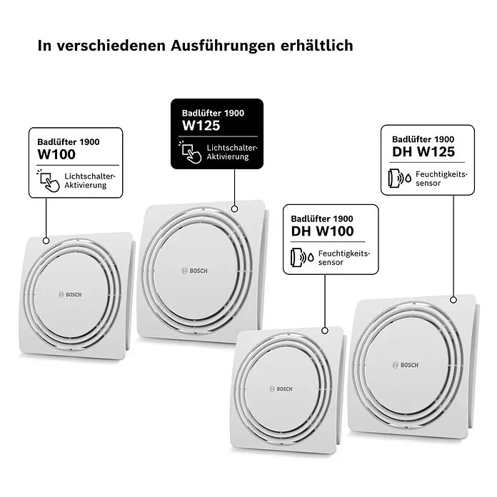 Bosch Wandventilator Fan 1900 W 125 BOSCH - Weiß, Durchmesser Anschluss: 12,5 cm, Mit Lichtschalterfunktion - Vier weiße quadratische Bosch Badlüfter, Modelle mit Lichtschalter- oder Feuchtigkeitssensor.