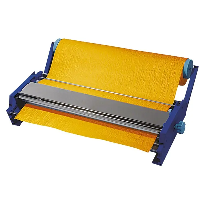 Decora Tapetenkleistergerät - Geeignet für: Euro Rollen 53 cm - Wickelmaschine mit gelbem Papier. Das Gerät hat eine blaue Basis und einen silbernen Schneidemechanismus für präzise Schnitte.