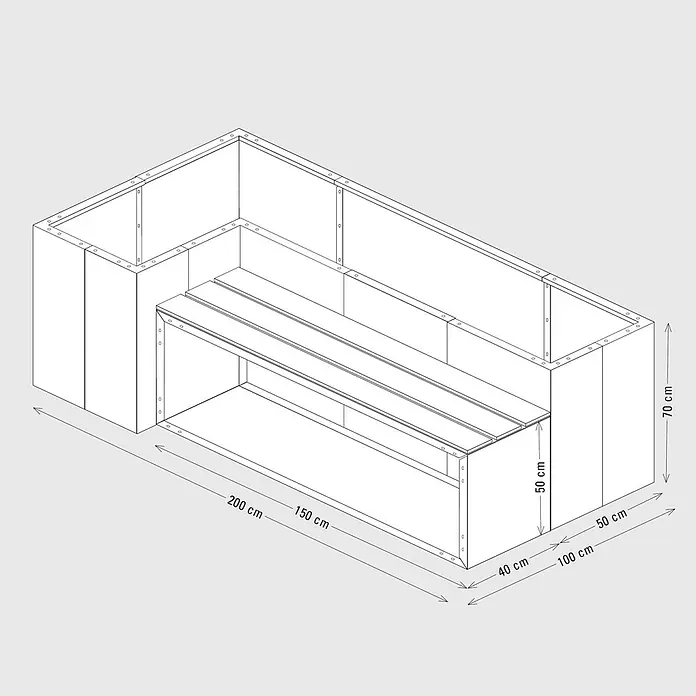 Palatino Hochbeet Urbank - 100 x 200 x 70 cm, Cortenstahl, Rostbraun - L-förmiges Hochbeet mit integrierter Holzbank, Metallrahmen. Gesamt 200x100x70 cm, Bank 50 cm hoch.