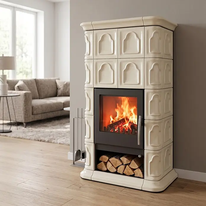 Domofire Kaminofen Bergen - 8 kW, Raumheizvermögen: 160 m³, Material Verkleidung: Keramik, Buttergelb - Cremefarbener Kachelofen mit Glastür, der ein warmes Feuer und gestapeltes Brennholz in einem gemütlichen Wohnzimmer zeigt.