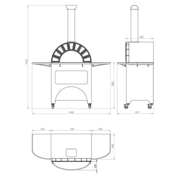 Domofire Kaminofen Capri - Material Verkleidung: Keramik, Weiß - Technische Zeichnung eines mobilen Outdoor-Pizzaofens mit Schornstein, Seitenablagen und Rollen.