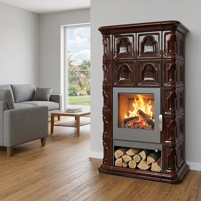 Domofire Kaminofen Bergen - 8 kW, Raumheizvermögen: 160 m³, Material Verkleidung: Keramik, Kaffeebraun - Dunkelbrauner Kachelofen mit brennendem Feuer und Holzscheiten, in modernem Wohnzimmer für Wärme und Ambiente.