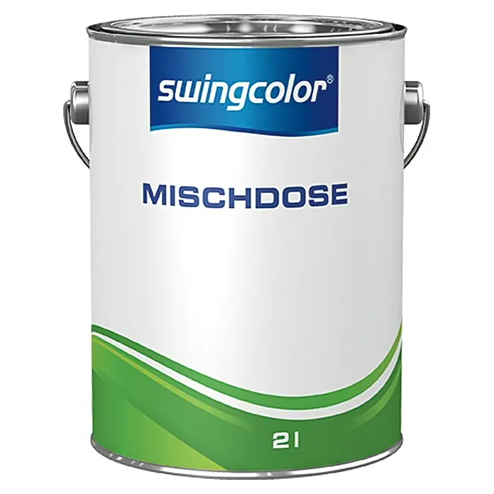 swingcolor Mischdose - 2 l, Mit Deckel - Ein weißer Farbeimer der Marke Swingcolor mit dem Aufdruck "Mischdose" und einem grünen Designelement.