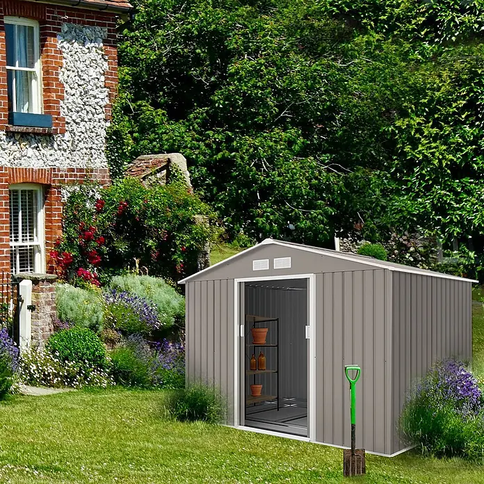 HATTORO Gerätehaus S200 277×191×192cm (BxTxH) - Außenbreite inkl. Dachüberstand: 277 cm, Außentiefe inkl. Dachüberstand: 191 cm, Stahl, Grau