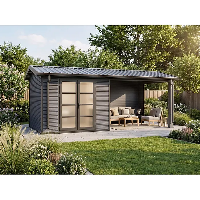 Fjordholz Gartenhaus Apex 15,60 m² - Außenmaß inkl. Dachüberstand (B x T): 535 x 290 cm, Aluminium, Grau/anthrazit
