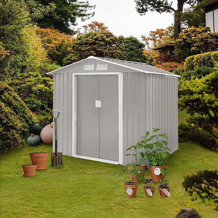 HATTORO Gerätehaus S100 213×127×185cm (LxBxH) - Außenbreite inkl. Dachüberstand: 213 cm, Außentiefe inkl. Dachüberstand: 127 cm, Stahl, Grau