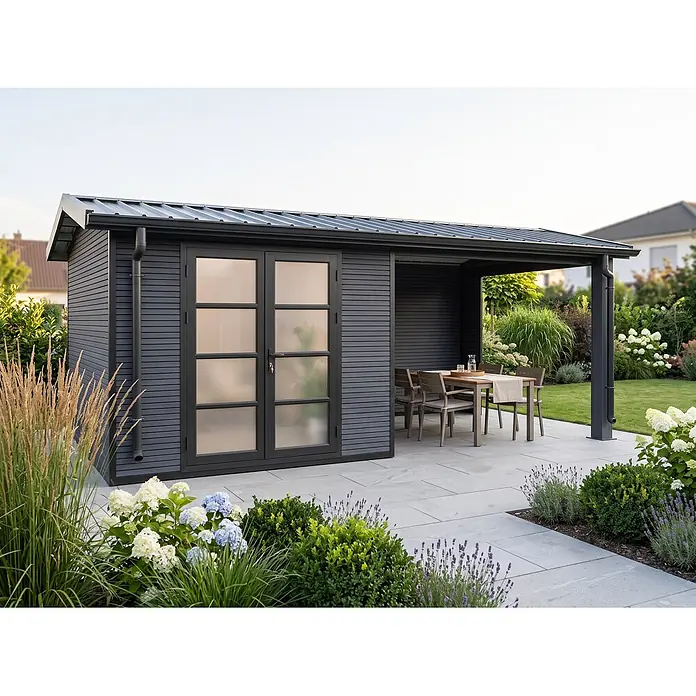 Fjordholz Gartenhaus Apex 15,60 m² - Außenmaß inkl. Dachüberstand (B x T): 535 x 290 cm, Aluminium, Grau/anthrazit